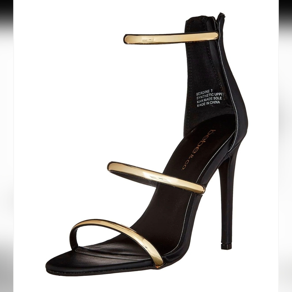 Bebe Gold Strappy Black Heels | NWB Size 8.5